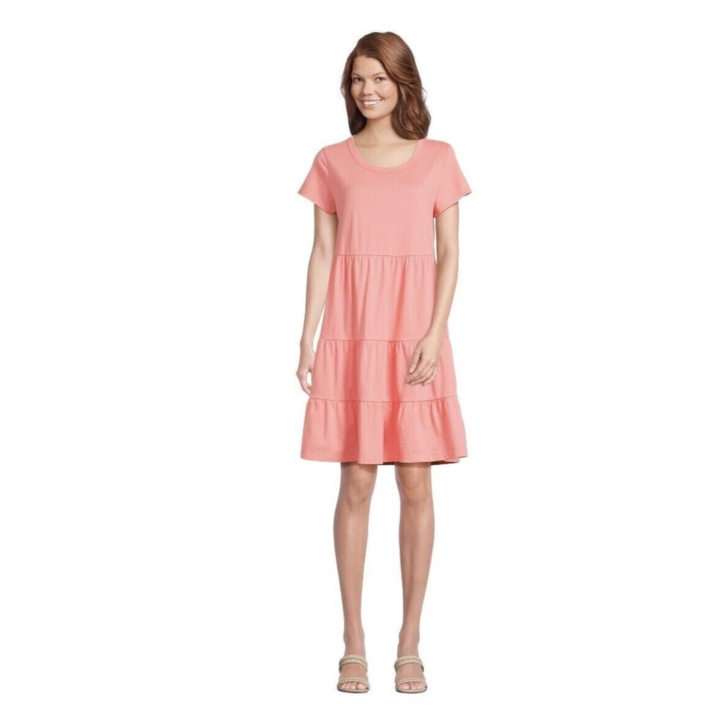 NEW Time & Tru Women's Coral RoseShort Sleeve Tiered Knit Dress w Pockets Sm… - Picture 4 of 6